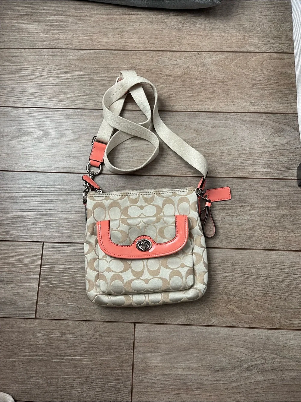 Coach Beige Signature Crossbody with Coral Trim